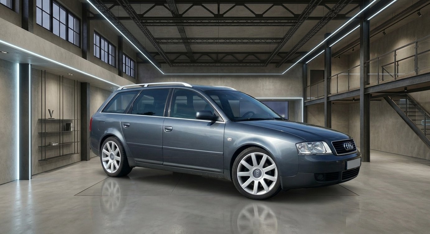 Audi A6 Avant break premium — rendu showroomia studio béton pour annonce VO