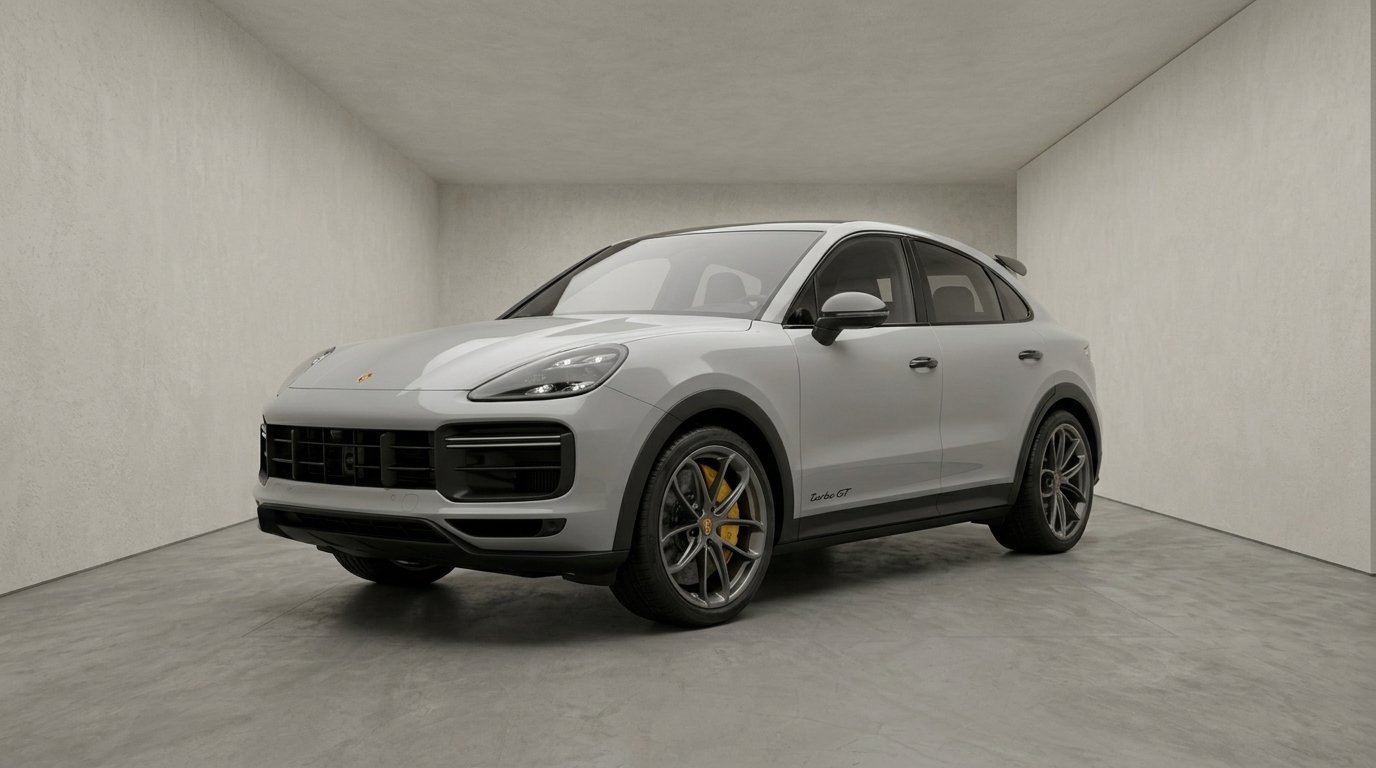 Porsche Cayenne Coupé Turbo GT — rendu showroomia studio crème pour véhicule premium et de prestige